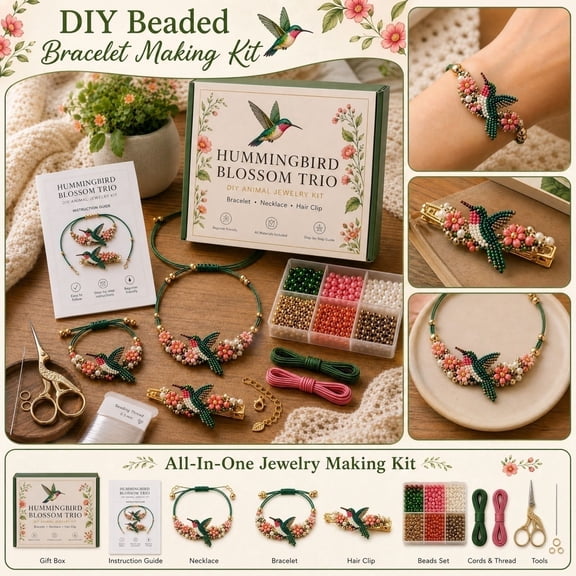 3PCS/Set DIY Hummingbird Bouquet Beaded Bracelet Making Kit, Animal Shaped Bead Bracelet Craft Kit, DIY Handmade Bracelet Set for Gift Craft Gathering Activity (Necklace&Bracelet&Hair Clip)