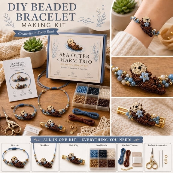 3PCS/Set DIY Otter Beaded Bracelet Making Kit, Animal Shaped Bead Bracelet Craft Kit, DIY Handmade Bracelet Set for Gift Craft Gathering Activity (Necklace&Bracelet&Hair Clip)