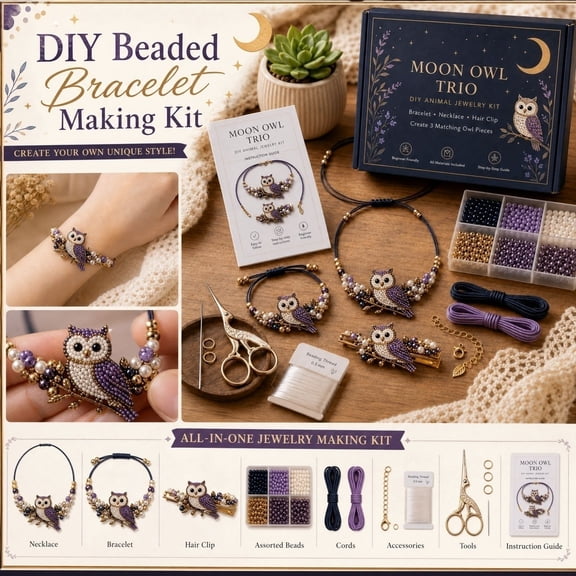 3PCS/Set DIY Purple Owl Beaded Bracelet Making Kit, Animal Shaped Bead Bracelet Craft Kit, DIY Handmade Bracelet Set for Gift Craft Gathering Activity (Necklace&Bracelet&Hair Clip)