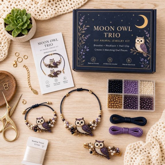 3PCS/Set DIY Purple Owl Beaded Bracelet Making Kit, Animal Shaped Bead Bracelet Making Set, Handcraft Bracelet Kit for Friend Gathering Activity Birthday Gift (Necklace&Bracelet&Hair Clip)