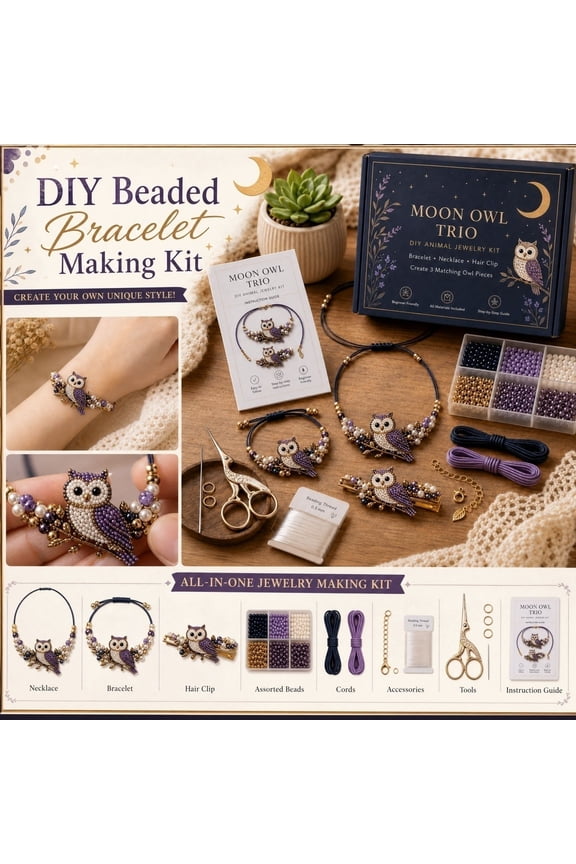 3PCS/Set DIY Purple Owl Beaded Bracelet Making Kit, Beaded Bracelet Craft Set, Beginner Friendly Handmade Bracelet Supplies for Adults DIY Craft Gift (Necklace&Bracelet&Hair Clip)