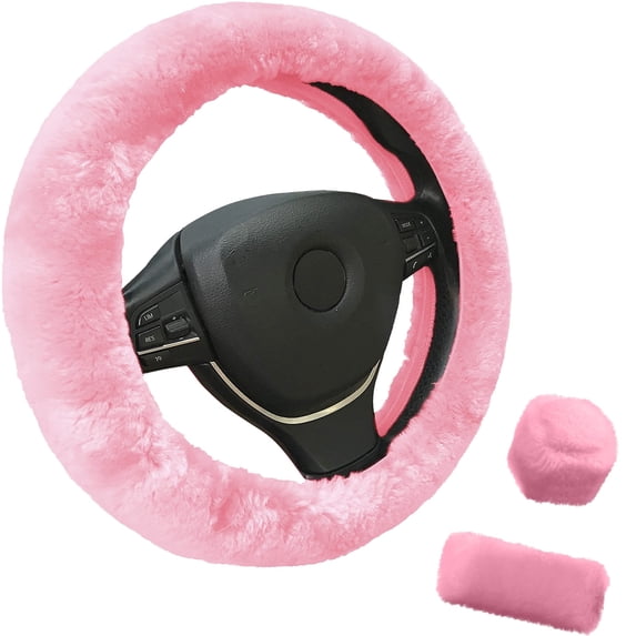 3PCS Set Fluffy steering wheel cover with Furry Handbrake Cover, Gear Shift Cover Universal 15 Inch Steering Wheels & Accessories Australian Sheepskin Wool Wheel Cover Warm Non-Slip Auto Interior