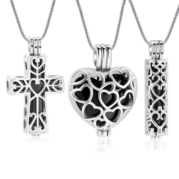 3PCS Set - Stainless Steel Cross / Heart / Long Bar Urn Pendants Memory Necklaces for Cremation Ashes Holder Memorial Jewelry