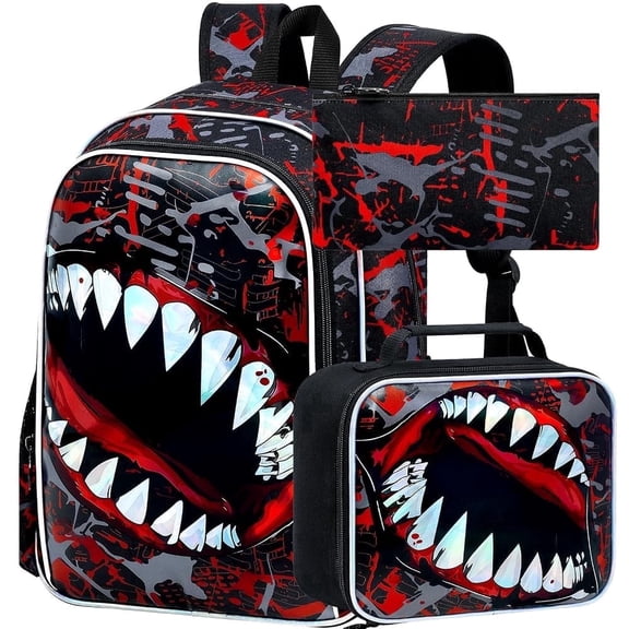 3PCS Shark Backpack Set for Boys, 17" Water Resistant Bookbag with Lunch Box, School Bag for Preschool Kindergarten Elementary (Red)