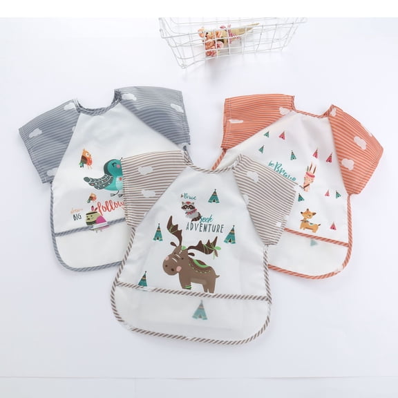 3PCS Short Sleeve Baby Bibs, Waterproof Sleeved Bibs Smock for Toddler Baby Girls Boys Eating Feeding (Random Patterns)