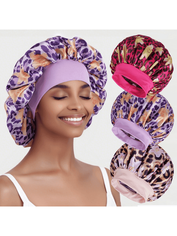 Silk Sleep Bonnets 3 Pack for Women, Leopard Print Large Satin Hair Cap with Elastic Band for Curly Hair