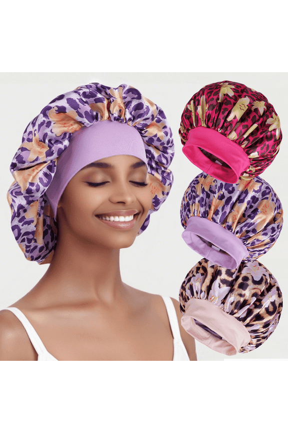 Silk Sleep Bonnets 3 Pack for Women, Leopard Print Large Satin Hair Cap with Elastic Band for Curly Hair