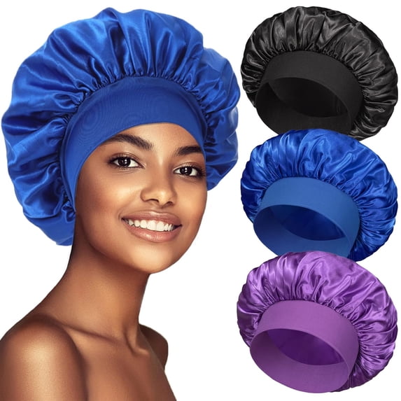 3PCS Silk Sleeping Bonnet Set , Wide Band Satin Hair Cap for Women with Curly, Braided or Natural Hair , Super Soft Nighttime Hair Protection