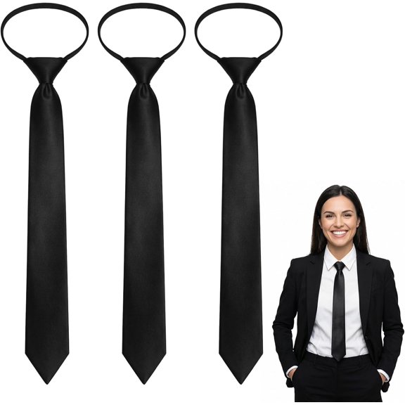 3PCS Skinny Black Tie, Pre Tied Adjustable Zipper Ties 2.2in Zipper Necktie for Women Pre-tied Solid Color Neck Tie for Business Uniforms