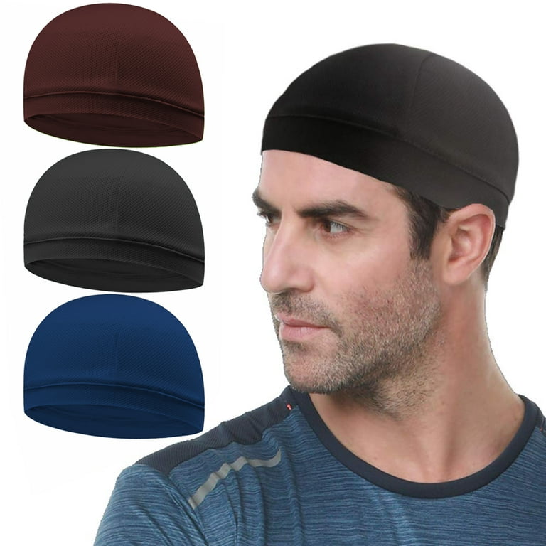 3PCS Skull Caps Helmet Liner Sweat Wicking Cap Running Hats Cycling Skull  Caps for Men Women, Black+Dark red+Blue 