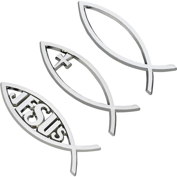 3PCS Sliver Jesus Fish Car Emblem 5.5x1.8in Plastic Christian Fish Sticker 3 Style Christian Cross Fish Emblem