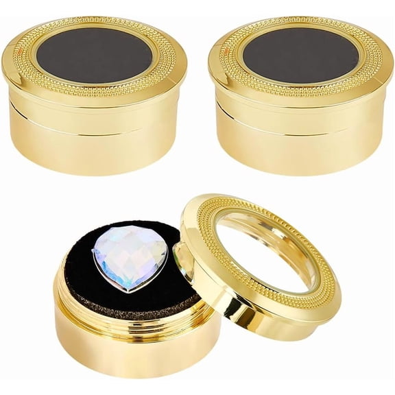 3PCS Small Loose Diamond Display Box Light Gold Mini Round Alloy Gemstone Show Boxes Clear Top Lids Sponge Filled Case Holder Storage Container for Gems Coins Jewelry 1.3x0.6 Inch for DIY