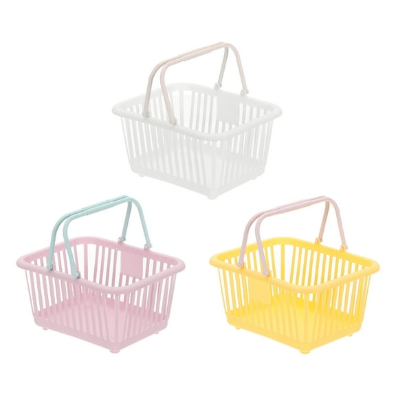 3PCS Small Plastic Basket,Mini Storage Basket Grocery Tiny Shopping Baskets with Handles Organizer Filtered Water for Organizing Toys Eggs Fruits Veggies Snacks,White Purple Yellow