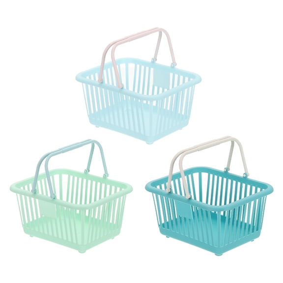 3PCS Small Plastic Basket,Mini Storage Basket Grocery Tiny Shopping Baskets with Handles Organizer Filtered Water for Organizing Toys Eggs Fruits Veggies Snacks,Blue Green Cyan