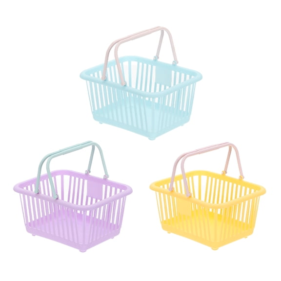 3PCS Small Plastic Basket,Mini Storage Basket Grocery Tiny Shopping Baskets with Handles Organizer Filtered Water for Organizing Toys Eggs Fruits Veggies Snacks, Blue Purple Yellow