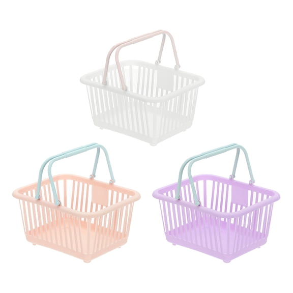 3PCS Small Plastic Basket,Mini Storage Basket Grocery Tiny Shopping Baskets with Handles Organizer Filtered Water for Organizing Toys Eggs Fruits Veggies Snacks,White Pink Purple