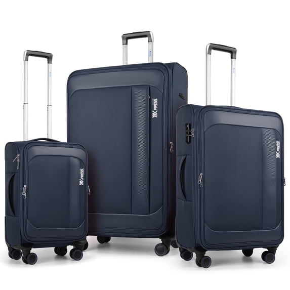 3-Piece Softside Luggage Set Expandable Suitcase with TSA Lock and Front Opening, 20"/26"/30", Navy Blue - 8809
