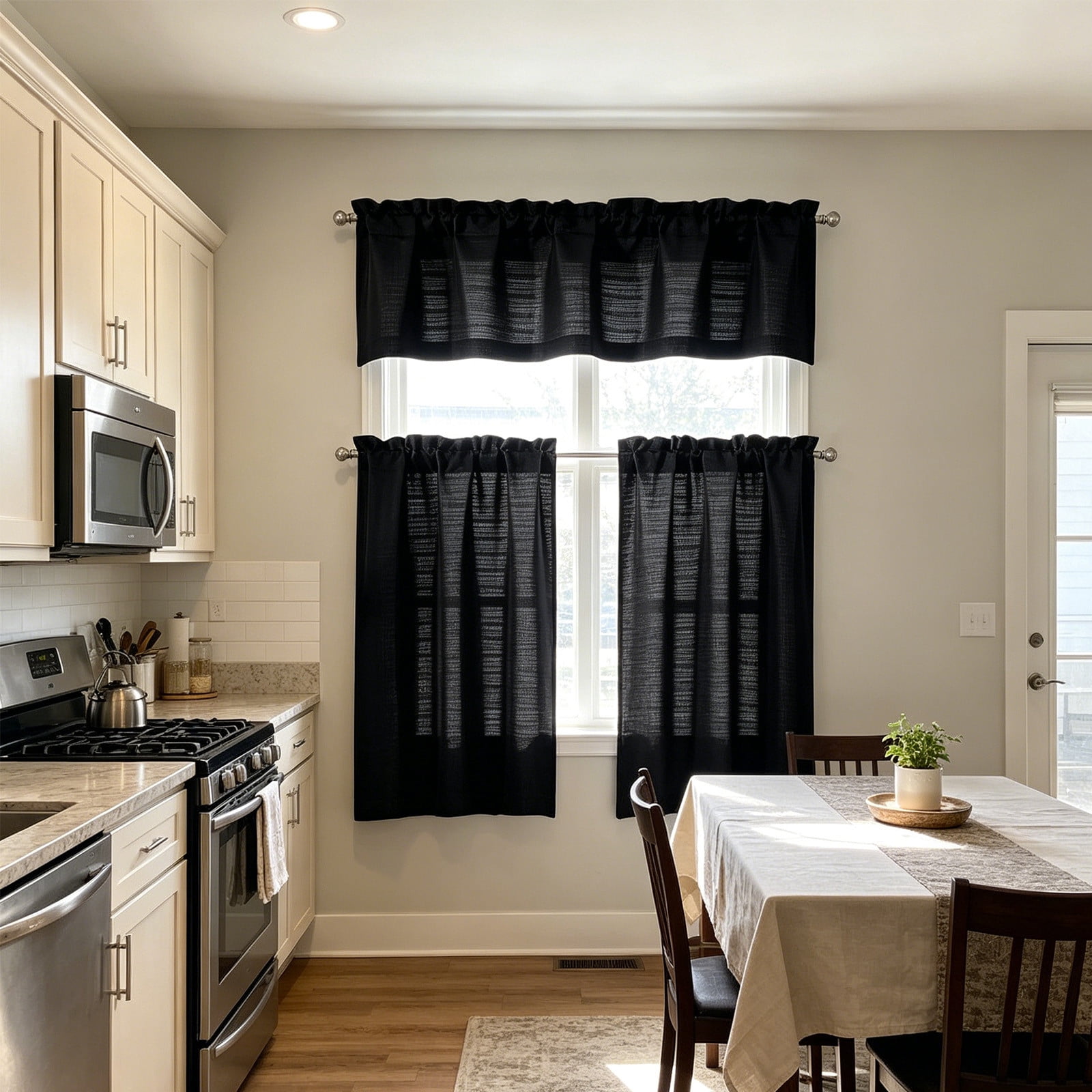 3PCS Solid Color Kitchen Curtain Set Light Filter Heat Insulation ...