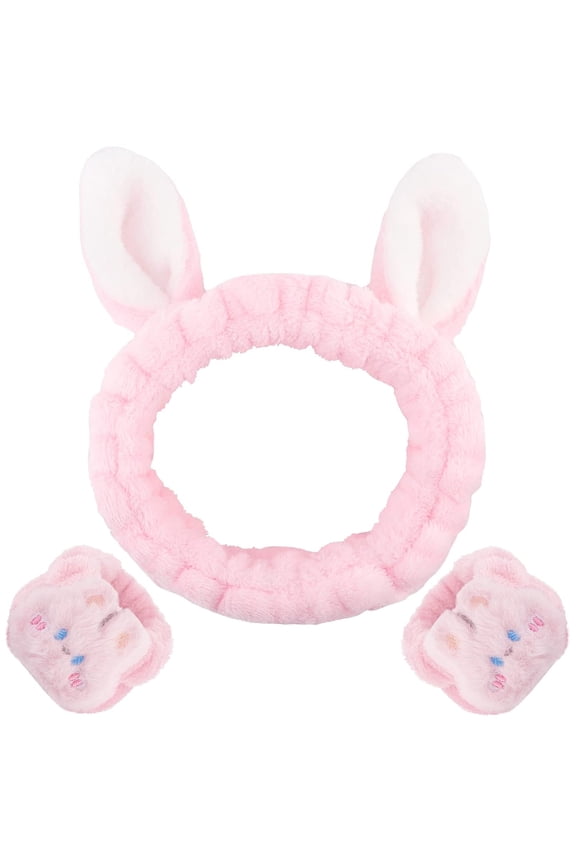 3PCS Spa Headband and Wristband Set, Cute Bunny Ears Design for Facial Makeup, Washing Face and Arm Bands