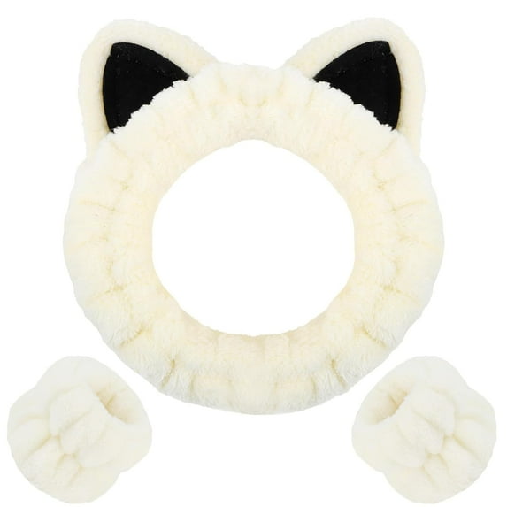 3PCS Spa Headband and Wristband Set, Cute Cat Ears Headband for Washing Face, Makeup Headband Face Wash Headband Wrist Bands