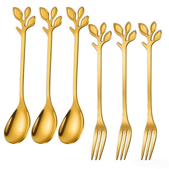 3PCS Spoon & 3PCS Fork Set, Gold Leaf Branch Handle Stainless Steel Dessert Utensils, Long Handle Coffee Spoon and Fruit Fork for Cake Salad Tableware