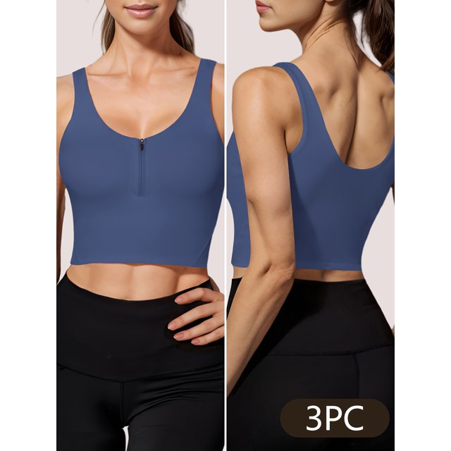 3PCS Sports Bra Longline Zip Front Closure Workout Tops Yoga Crop Tank