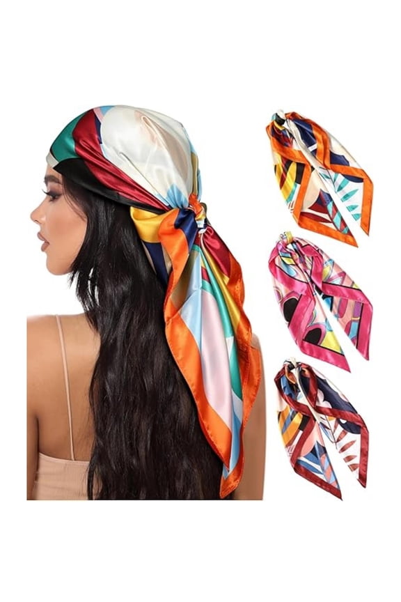 3PCS Square Scarves - 35 Inch Satin Silk Feel Scarf for Women, Decorative Windproof Sun-Proof Neck Head Wrap with Printing, Woven and Tie-Dye Craftsmanship for Going Out Kitchenware