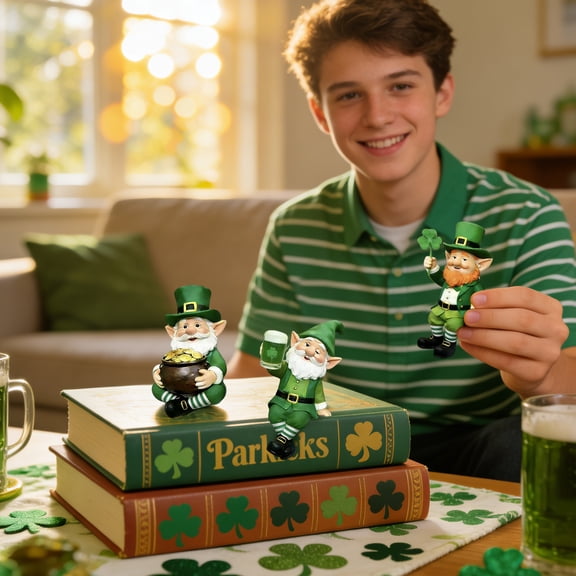 3PCS St. Patrick’s Day Leprechaun Resin Figurines Set, Irish Holiday Tabletop Decor Statues, Festive Home Accent, 3.15 Inch