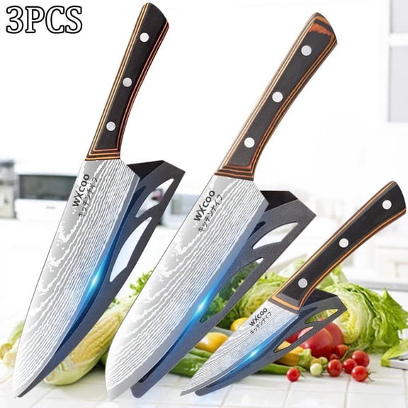 3PCS Stainless Steel Chef Knife Set with Wooden Handles Professional Kitchen Cutting Tools Handmade Forged Sharp Meat Fish Slicing Knives Boning Cleaver for Cooking Kitchen Cooking Convenience