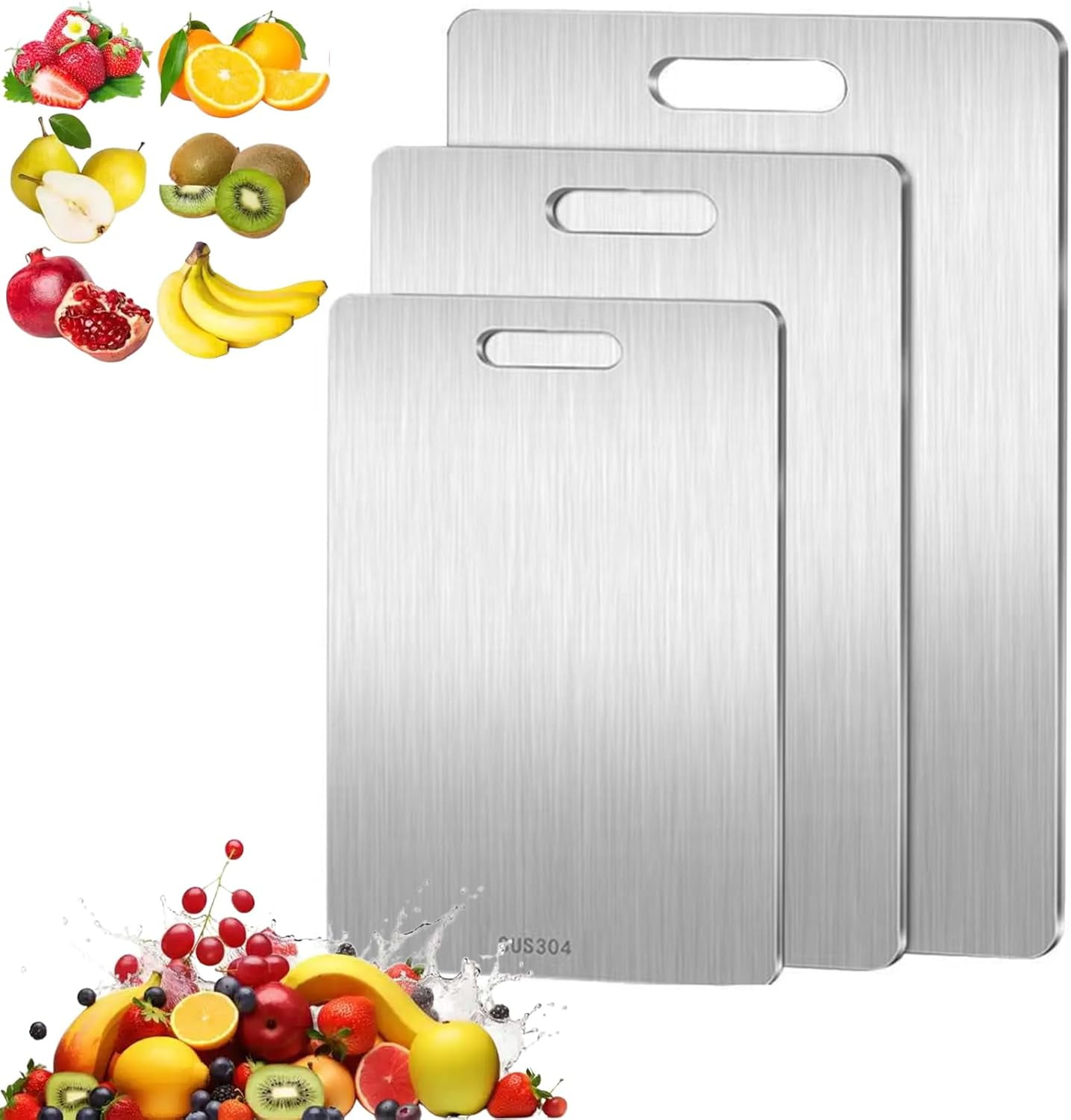 3PCS Stainless Steel Cutting Board Set, Double-Sided Metal Kitchen Chopping Boards, Food Grade Non Toxic, Burr-Free Edges, Dishwasher Safe for Meat Vegetables Fruits (S/M/L)