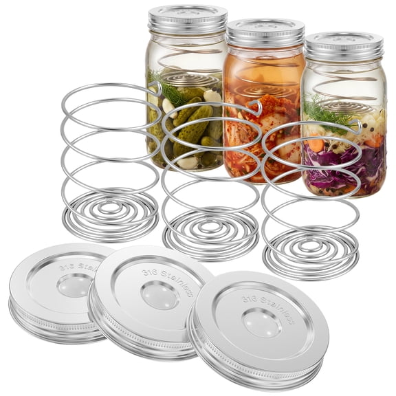 3PCS Stainless Steel Fermentation Lids Kit with Springs for Wide Mouth Jars Reusable Fermenting Lid and Coil Set for Pickle Kimchi Sauerkraut