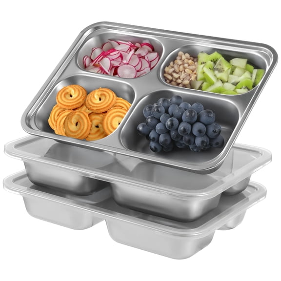 3PCS Stainless Steel Snack Containers with Transparent Lids, 4-Compartment Bento Box, 9.4" x 6.7" x 1.6" Divided Food Tray, Reusable Meal Prep Containers for Youngsters and Adults