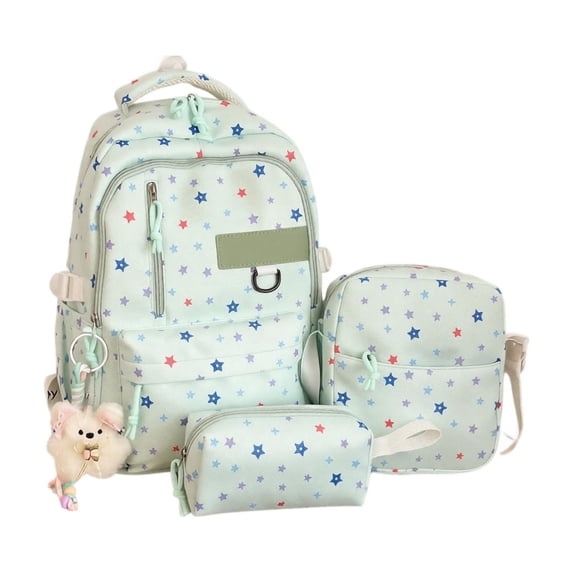 3PCS Star Prints Backpack for Kids School Bookbag with Lunch Box Pencil Case Green Backpacks Set for Elementary