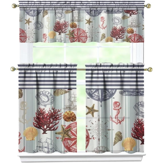 Image showcasing 3PCS Starfish Seashell Kitchen Curtain and Valance Set Funny Small ...