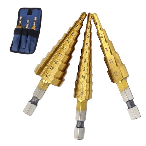3PCS Step Drill Bit Set: Titanium Coated High Speed Step Drill Bits for for Wood, Plastic, Sheet Metal with Portable Bag, Multi Size Hole Stepped Up Unibit for DIY Lovers