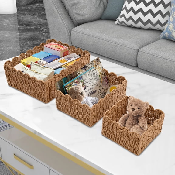 3PCS Storage Baskets, Storage Basket, Scalloped Edge Baske Brown