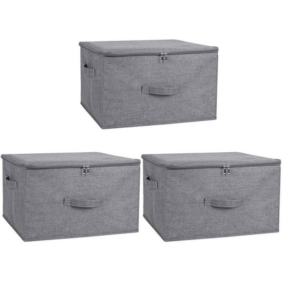 3PCS Storage Bins with Zipper Lids 36 Qt Lidded Fabric Storage Boxes Baskets Cubes with Handles Collapsible Washable Cotton Linen Closet Shelf Clothes Organizer Containers - Gray, Large