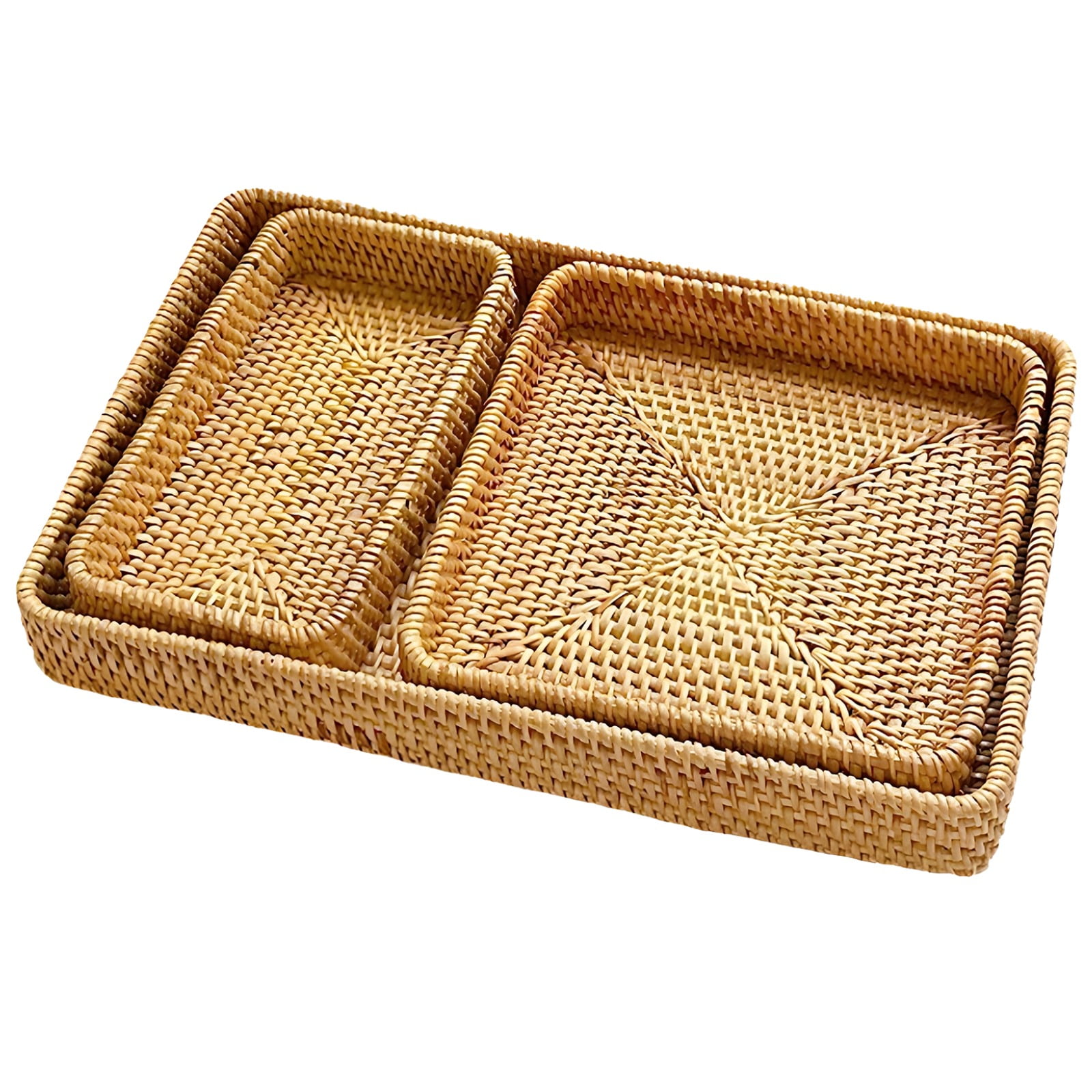 3PCS Storage Organizer Baskets Wicker, Rattan Storage Basket, Rattan Serving Tray, Multi-Use Rectangular Rattan Baskets for Storage, Handmade