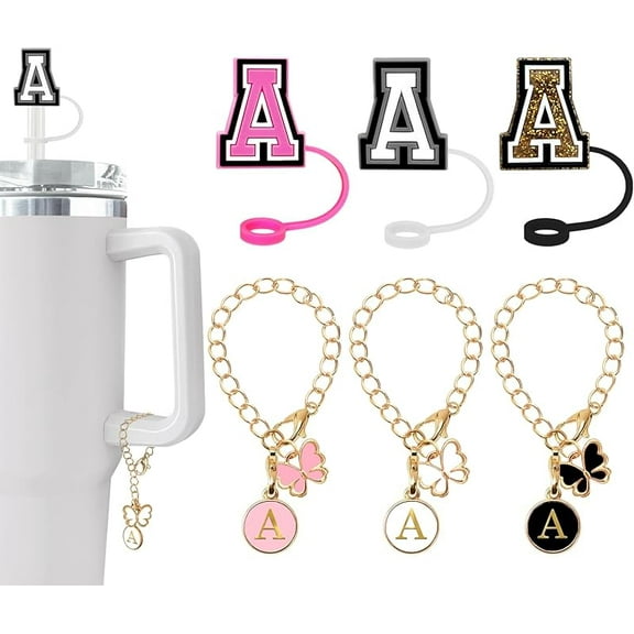 3PCS Straw Cover 10mm For Stanley Tumbler Cup Reusable Straw Cap Topper with 3 Initial Letter Charms Accessories Name ID Personalized Handle Charm For Stanley 30&40 Oz Cup Tumbler