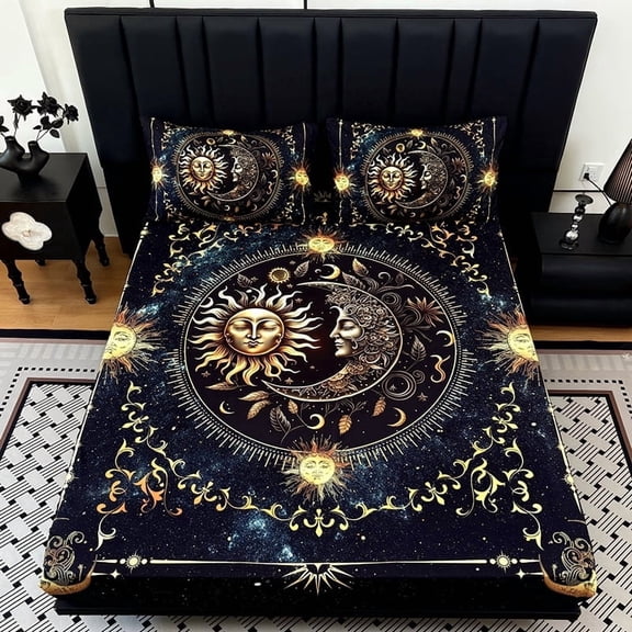 3PCS Sun and Moon Fitted Sheet Set, Mattress Protector, Deep Pocket, HD Printing, Machine Washable, for Bedroom & Dorm