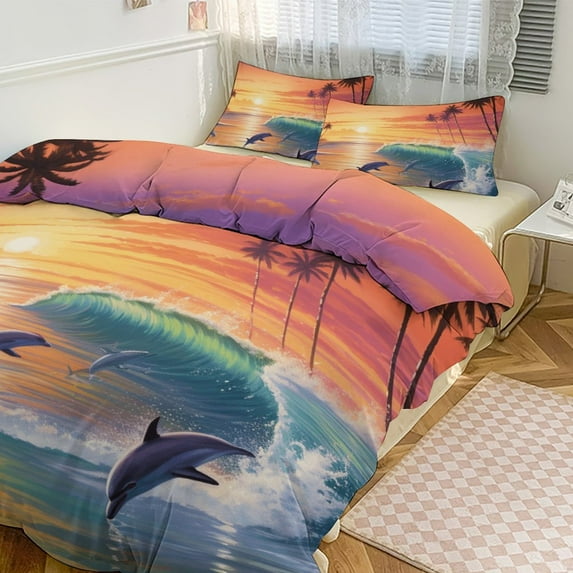 3PCS Sunset Jumping Dolphin Duvet Cover Set Twin, 1 Duvet Cover And 2 Pillowcase, Duvet Cover for Kids Girls Boys And Teens