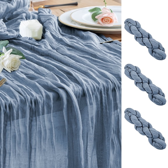 3PCS Table Runner Cheesecloth 10FT Dusty Blue Boho Gauze Cheese Cloth Rustic Sheer Table Runners for Wedding Bridal Baby Shower Party Decoration