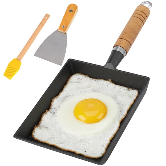 3PCS Tamagoyaki Pan Set, Cast Iron Egg Pan with Wooden Handle, Includes Spatula and Brush, Uncoated 7.9" x 5.9" Japanese Omelette Pan Compatible with Induction Cooker Gas Stove