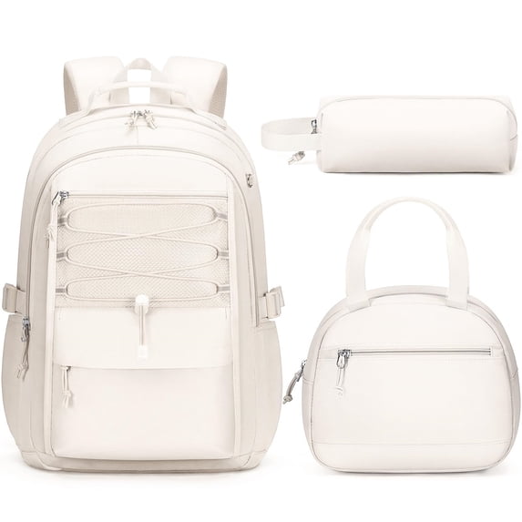 3PCS Teen Backpacks Set with Lunch Pack Pencil Case, Lightweight Waterproof Daypack Travel Bookbag, Beige