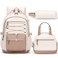 thumbnail image 1 of 3PCS Teen Backpacks Set with Lunch Pack Pencil Case, Lightweight Waterproof Daypack Travel Bookbag, Brown & Beige, 1 of 9