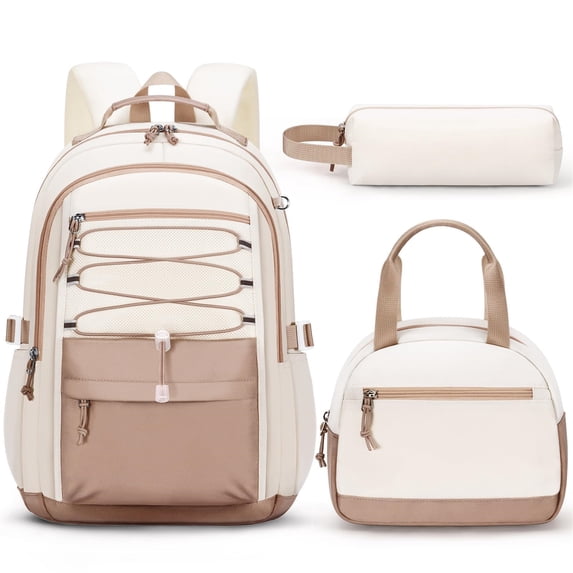 3PCS Teen Backpacks Set with Lunch Pack Pencil Case, Lightweight Waterproof Daypack Travel Bookbag, Brown & Beige