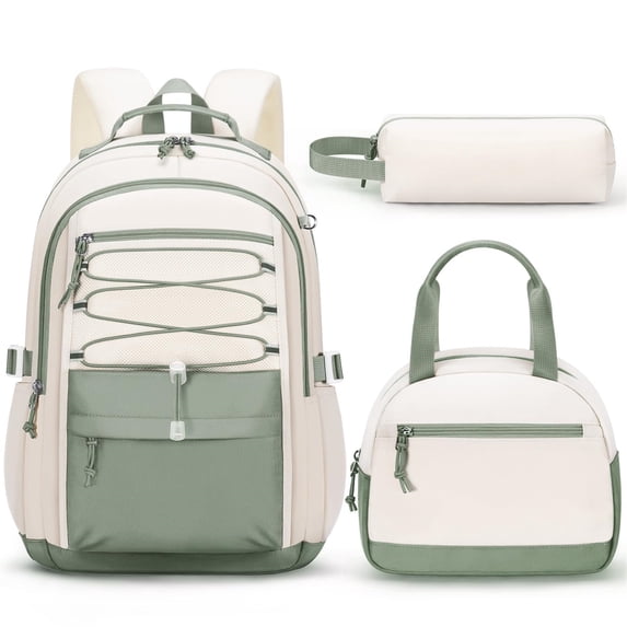 3PCS Teen Backpacks Set with Lunch Pack Pencil Case, Lightweight Waterproof Daypack Travel Bookbag, Green & Beige