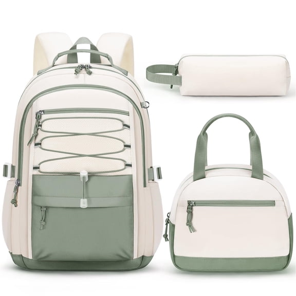 3PCS Teen Backpacks Set with Lunch Pack Pencil Case, Lightweight Waterproof Daypack Travel Bookbag, Green & Beige