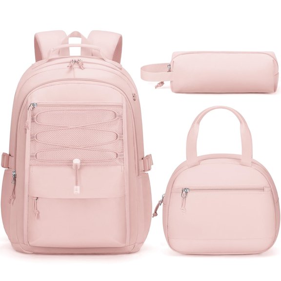 3PCS Teen Backpacks Set with Lunch Pack Pencil Case, Lightweight Waterproof Daypack Travel Bookbag, Light Pink