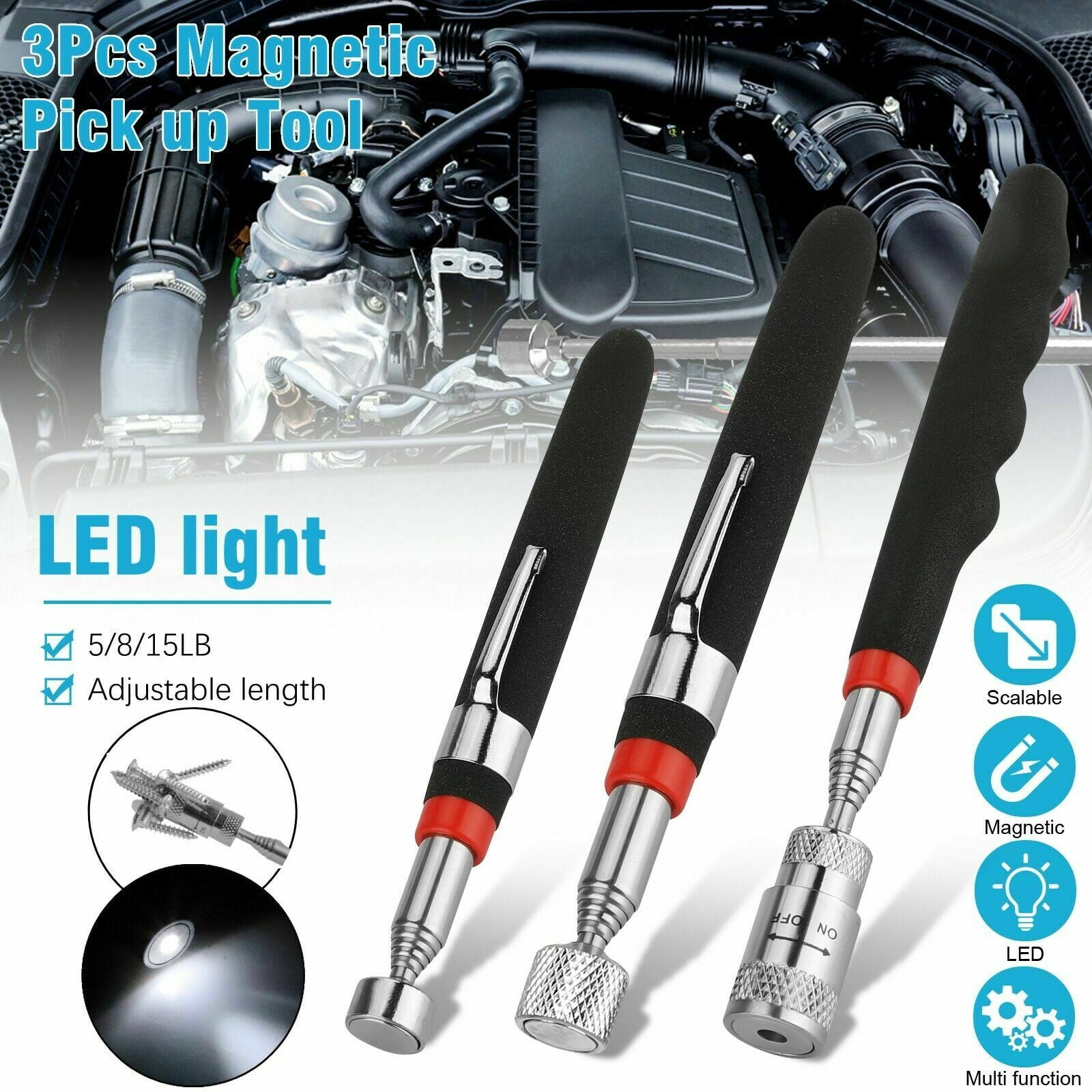 3PCS Telescoping Magnetic Pickup Tool with LED Lights,Pick Up Rod ...